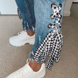 Gingham Lace Up Distressed Jean